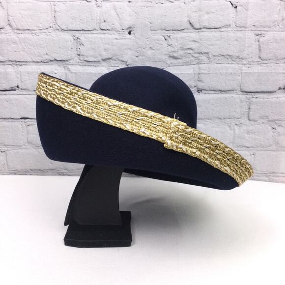 Oscar de la Renta Millery Navy Vintage Gold Wide Ribbon Accent Wool Brim Hat main image 8